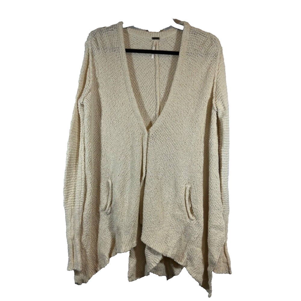 Free People Shark Bite Hem Cardigan Sweater Ivory S Oversized Cozy Knit A14